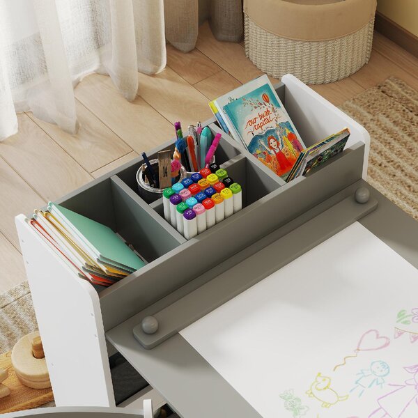 DecHome Set Tavolo e Sedie per Bambini con 2 Sedie e Tavolino Contenitore in Legno e Tessuto non Tessuto colore Grigio/Bianco