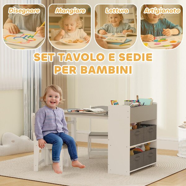 DecHome Set Tavolo e Sedie per Bambini con 2 Sedie e Tavolino Contenitore in Legno e Tessuto non Tessuto colore Grigio/Bianco