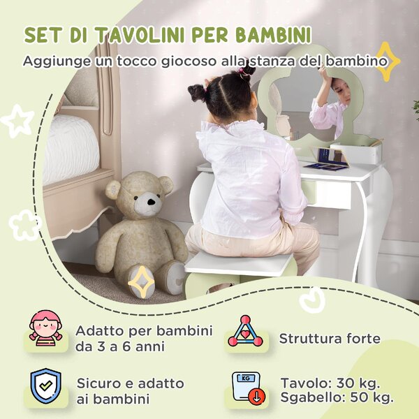 DecHome Set Toeletta per Bambina con Specchio Trucco e Sgabello Abbinato in Legno Cassetto e Contenitori colore Bianco