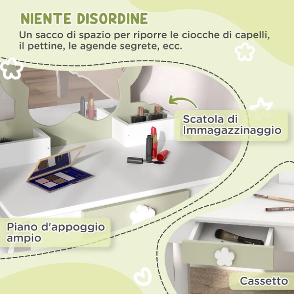 DecHome Set Toeletta per Bambina con Specchio Trucco e Sgabello Abbinato in Legno Cassetto e Contenitori colore Bianco