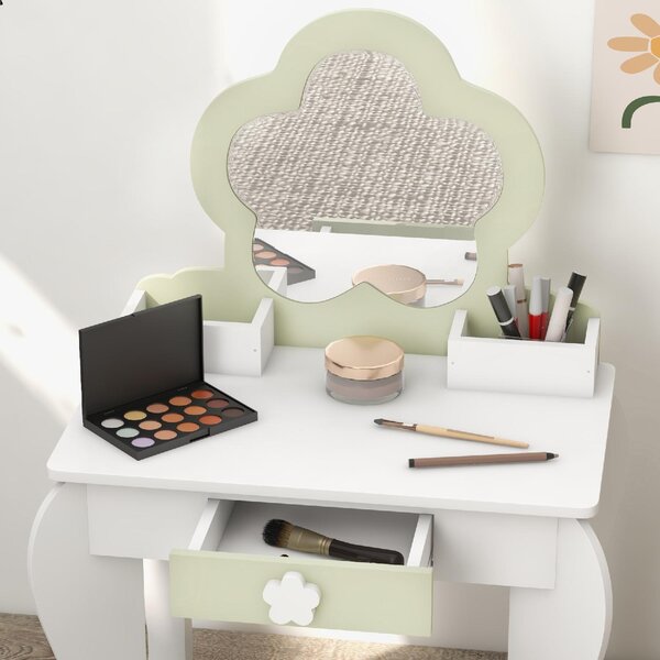 DecHome Set Toeletta per Bambina con Specchio Trucco e Sgabello Abbinato in Legno Cassetto e Contenitori colore Bianco