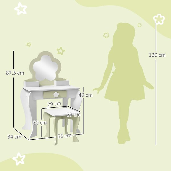 DecHome Set Toeletta per Bambina con Specchio Trucco e Sgabello Abbinato in Legno Cassetto e Contenitori colore Bianco