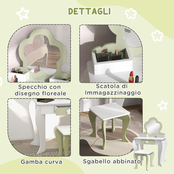 DecHome Set Toeletta per Bambina con Specchio Trucco e Sgabello Abbinato in Legno Cassetto e Contenitori colore Bianco