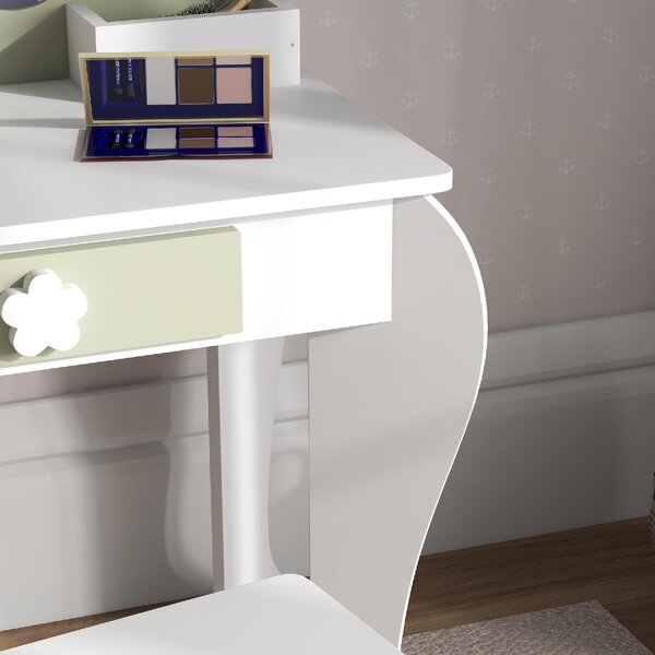 DecHome Set Toeletta per Bambina con Specchio Trucco e Sgabello Abbinato in Legno Cassetto e Contenitori colore Bianco