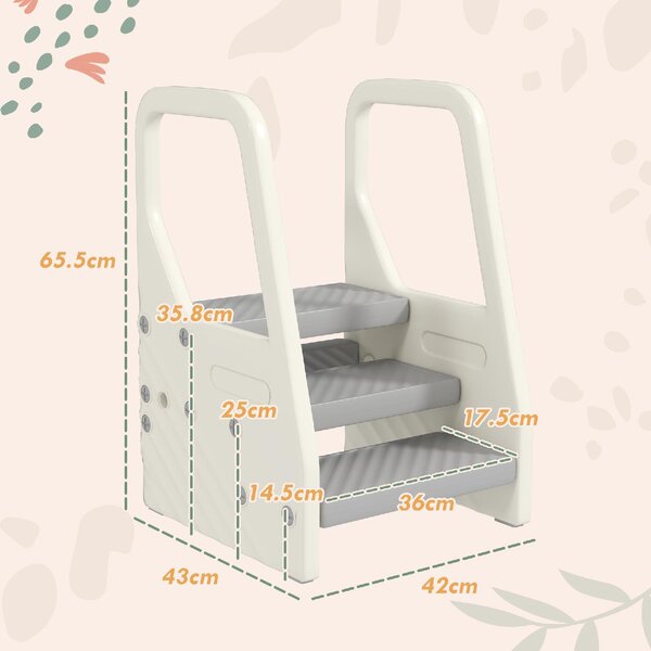 DecHome Sgabello per Bambini 2-5 Anni a 3 Gradini in HDPE 43x42x65.5 cm colore Grigio e Bianco Crema