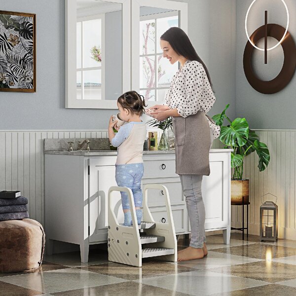 DecHome Sgabello per Bambini 2-5 Anni a 3 Gradini in HDPE 43x42x65.5 cm colore Grigio e Bianco Crema