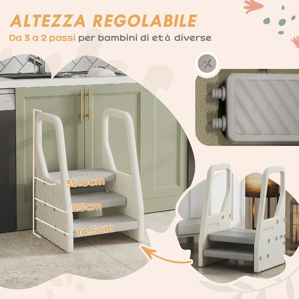 DecHome Sgabello per Bambini 2-5 Anni a 3 Gradini in HDPE 43x42x65.5 cm colore Grigio e Bianco Crema