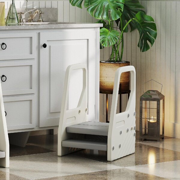 DecHome Sgabello per Bambini 2-5 Anni a 3 Gradini in HDPE 43x42x65.5 cm colore Grigio e Bianco Crema