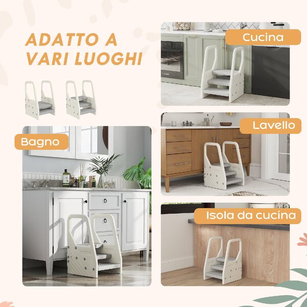DecHome Sgabello per Bambini 2-5 Anni a 3 Gradini in HDPE 43x42x65.5 cm colore Grigio e Bianco Crema