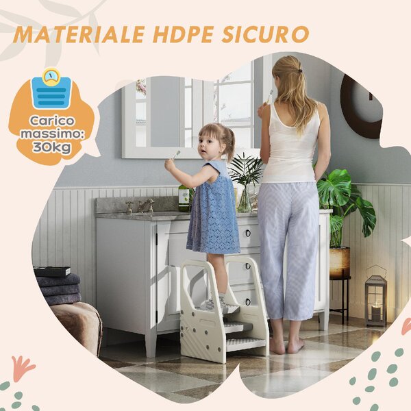 DecHome Sgabello per Bambini 2-5 Anni a 3 Gradini in HDPE 43x42x65.5 cm colore Grigio e Bianco Crema