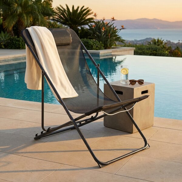 VivaGarden Spiaggina Pieghevole Cuscino Poggiatesta in Metallo/Textilene Dimensioni 82x56x90 cm colore Nero - Sunbath
