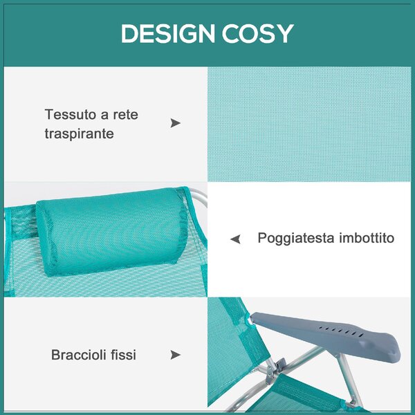 VivaGarden Spiaggina Pieghevole Cuscino Poggiatesta Schienale Reclinabile Set 2 Spiaggine in Alluminio/Tessuto Dimensioni 62x65x80 cm colore Grigio
