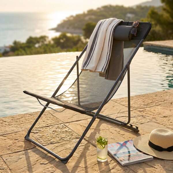 VivaGarden Spiaggina Pieghevole Cuscino Poggiatesta in Metallo/Textilene Dimensioni 82x56x90 cm colore Nero - Sunbath