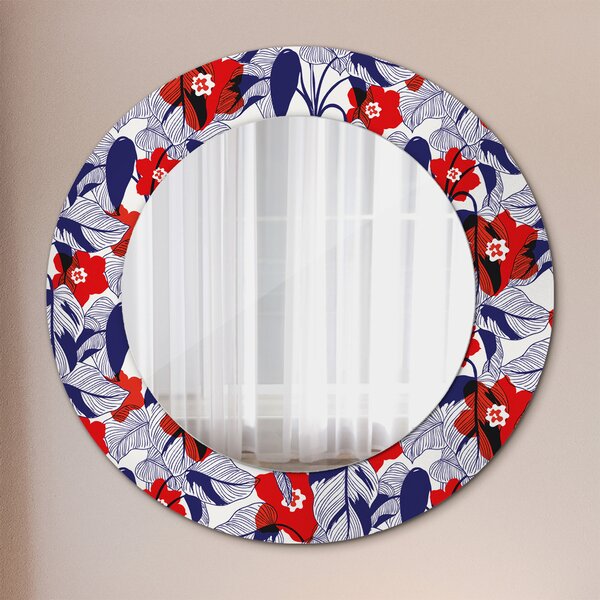 Specchio rotondo stampato Filodendro e fiori rossi fi 50 cm