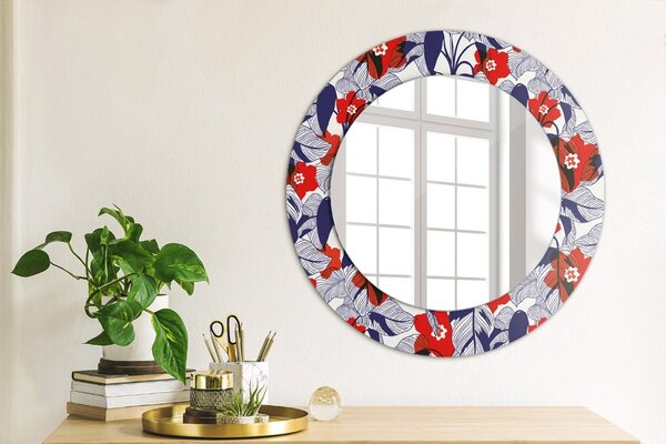 Specchio rotondo stampato Filodendro e fiori rossi fi 50 cm