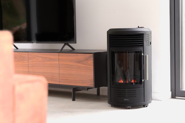 QLIMA Stufa a Gas per Bombola GPL Portatile Potenza 3,4 kW Funzionamento a Batteria effetto Fiamma colore Nero - GH8034 (Batteria non inclusa)
