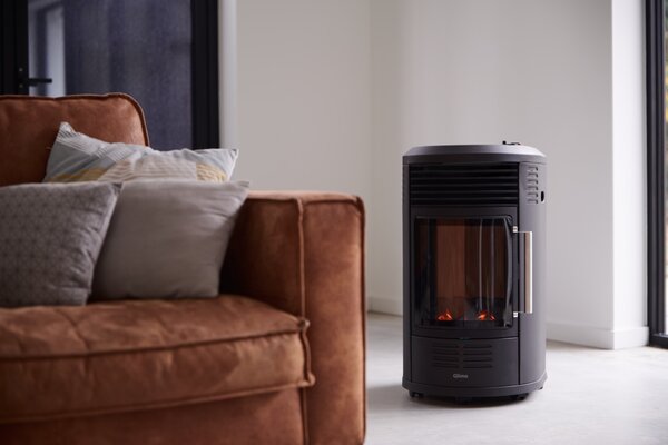 QLIMA Stufa a Gas per Bombola GPL Portatile Potenza 3,4 kW Funzionamento a Batteria effetto Fiamma colore Nero - GH8034 (Batteria non inclusa)