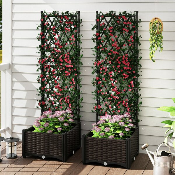 Costway Letto da giardino rialzato con tralicci e drenaggio, Recinzione di privacy in piedi per patio balcone esterno Nero