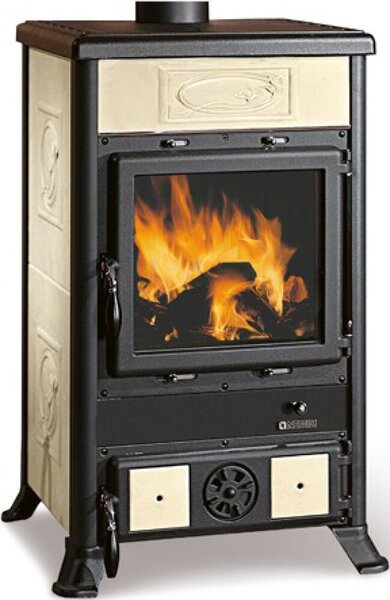 La Nordica-Extraflame Stufa a Legna in Ghisa Potenza 8,8 kW Volume Riscaldabile 252 m3 Rivestimento Maiolica colore Liberty Panna - Rossella R1 BII