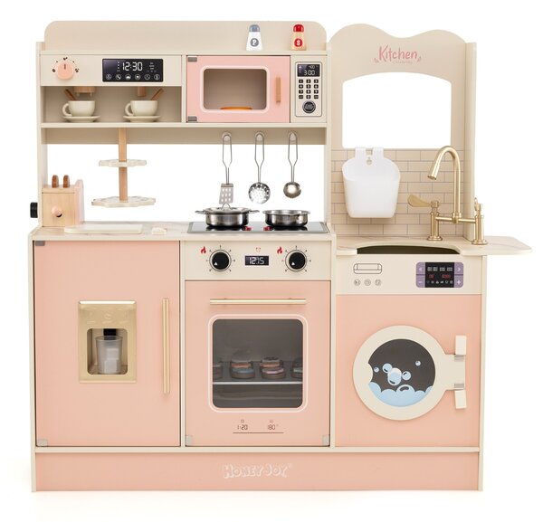 Costway Cucina giocattolo per bambini di fantasia con fornelli forno a microonde, Cucina tostapane e distributore di ghiaccio Rosa