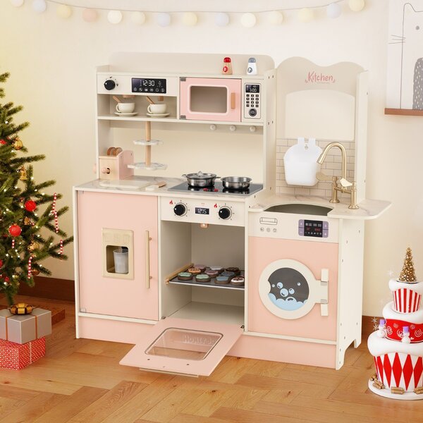 Costway Cucina giocattolo per bambini di fantasia con fornelli forno a microonde, Cucina tostapane e distributore di ghiaccio Rosa