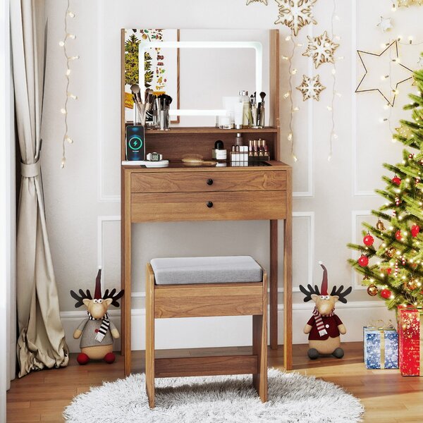 Costway Piccolo tavolo da trucco con 3 modalità di illuminazione e sgabello imbottito, Toeletta con specchio e luci Legno naturale