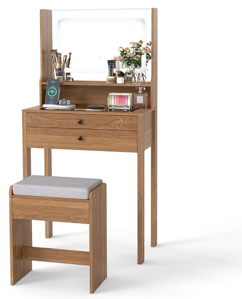 Costway Piccolo tavolo da trucco con 3 modalità di illuminazione e sgabello imbottito, Toeletta con specchio e luci Legno naturale