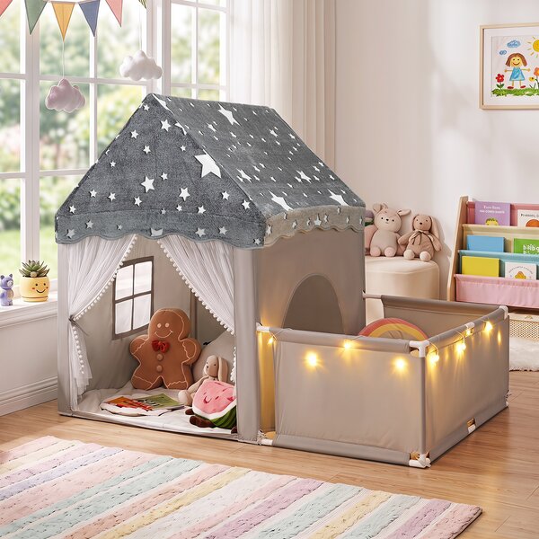 Costway Tenda da gioco che si illumina al buio per bambini con recinto, 2 in 1 casetta gioco per bambini 3+ anni con porte traspiranti e luci delle stelle Grigio