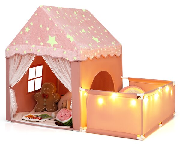 Costway Tenda da gioco che si illumina al buio per bambini con recinto, 2 in 1 casetta gioco per bambini 3+ anni con porte traspiranti e luci delle stelle Rosa