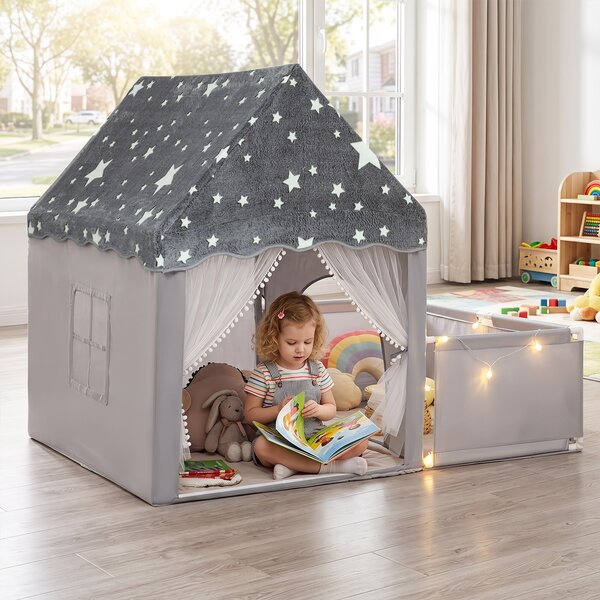 Costway Tenda da gioco che si illumina al buio per bambini con recinto, 2 in 1 casetta gioco per bambini 3+ anni con porte traspiranti e luci delle stelle Grigio