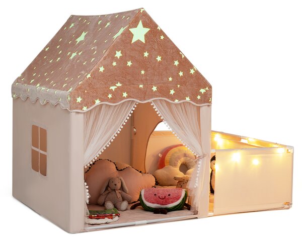 Costway Tenda da gioco che si illumina al buio per bambini con recinto, 2 in 1 casetta gioco per bambini 3+ anni con porte traspiranti e luci delle stelle Beige