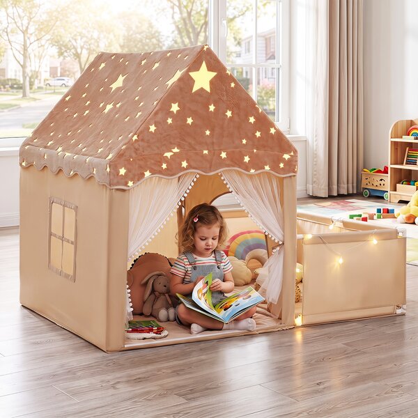 Costway Tenda da gioco che si illumina al buio per bambini con recinto, 2 in 1 casetta gioco per bambini 3+ anni con porte traspiranti e luci delle stelle Beige