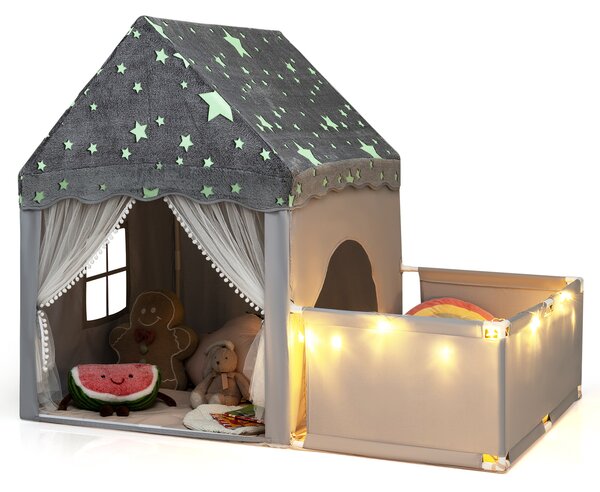 Costway Tenda da gioco che si illumina al buio per bambini con recinto, 2 in 1 casetta gioco per bambini 3+ anni con porte traspiranti e luci delle stelle Grigio