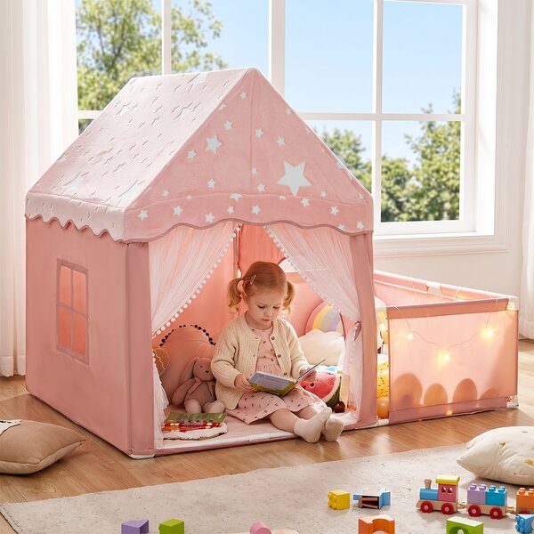 Costway Tenda da gioco che si illumina al buio per bambini con recinto, 2 in 1 casetta gioco per bambini 3+ anni con porte traspiranti e luci delle stelle Rosa