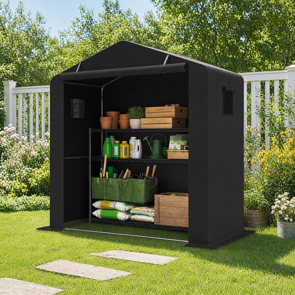 Costway Casette da giardino per bicicletta con finestre traspiranti e porta avvolgibile, Tenda per attrezzi da giardinaggio Nero