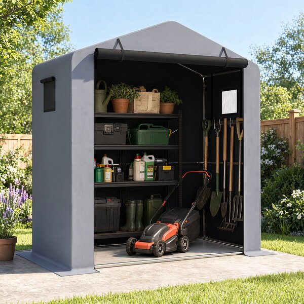 Costway Casette da giardino per bicicletta con finestre traspiranti e porta avvolgibile, Tenda per attrezzi da giardinaggio Argento