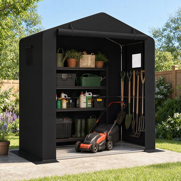 Costway Casette da giardino per bicicletta con finestre traspiranti e porta avvolgibile, Tenda per attrezzi da giardinaggio Nero
