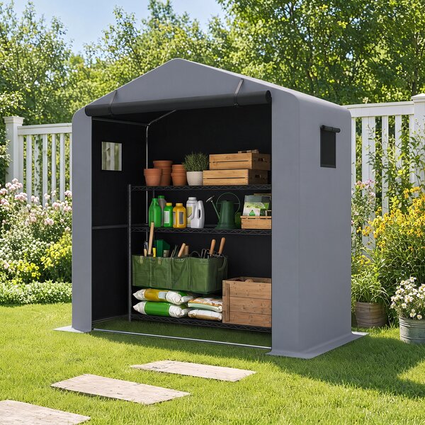 Costway Casette da giardino per bicicletta con finestre traspiranti e porta avvolgibile, Tenda per attrezzi da giardinaggio Argento