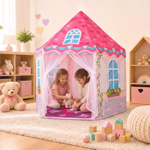 Costway Tenda per bambini 3+ anni con tappetino protettivo e 2 porte per cameretta, Capanna traspirante e lavabile Rosa