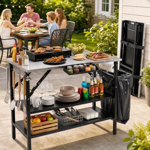 Costway Tavolo da barbecue pieghevole in acciaio con 2 ripiano regolabile, Tavolino da esterno per picnic e campeggio