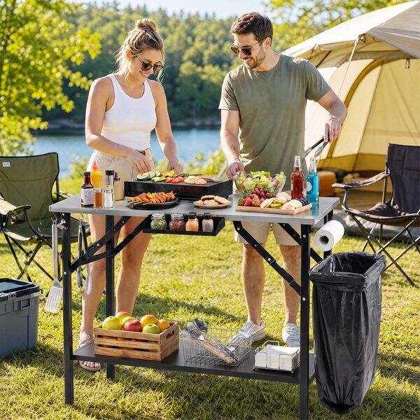 Costway Tavolo da barbecue pieghevole in acciaio con 1 ripiano regolabile, Tavolino da esterno per picnic e campeggio