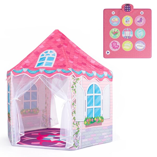 Costway Tenda per bambini 3+ anni a forma di casetta con tappeto da ballo, Tent da gioco in tessuto e rete per cameretta Rosa
