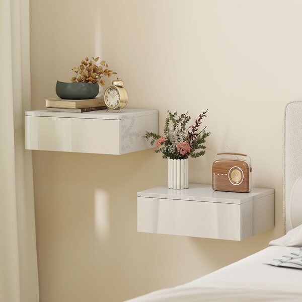 HOMCOM Set da 2 Comodini con cassetto per camera da letto, design da parete e pannello truciolare, 40x30x14 cm, Bianco | Aosom Italy