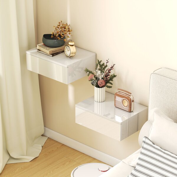 HOMCOM Set da 2 Comodini con cassetto per camera da letto, design da parete e pannello truciolare, 40x30x14 cm, Bianco | Aosom Italy