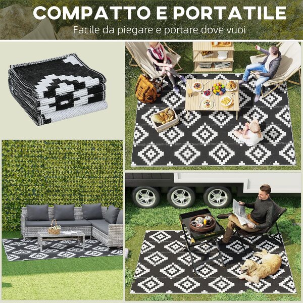 DecHome Tappeto da Esterno per Balcone e Terrazza Reversibile con Fantasia Geometrica 2.74x1.82 m colore Nero/Bianco - R367482