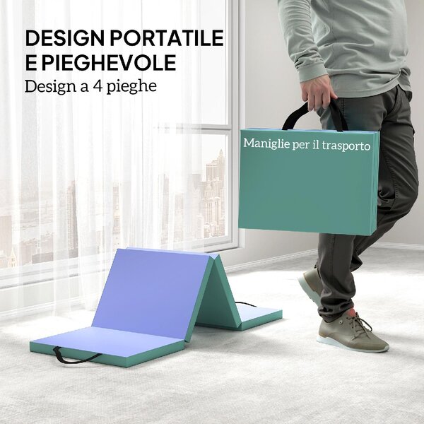 DecHome Tappeto Fitness Pieghevole e Imbottito con 2 Maniglie, in Plastica ed EPE, 180x60x5 cm, colore Verde/Viola - L6590MX