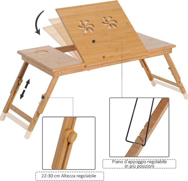 DecHome Tavolino da Letto per PC Pieghevole e Inclinabile con Cassetto 72x35x22-30 cm colore Legno - A311004AO96