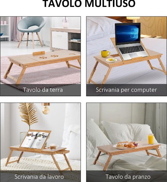 DecHome Tavolino da Letto per PC Pieghevole e Inclinabile con Cassetto 72x35x22-30 cm colore Legno - A311004AO96
