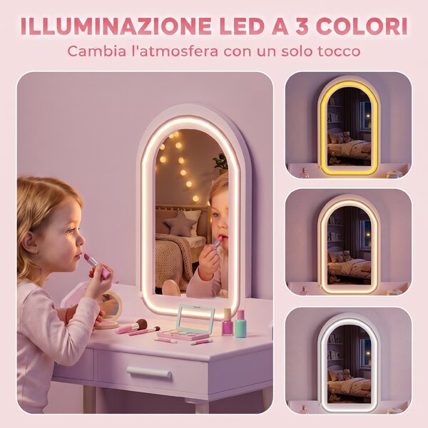 AIYAPLAY Set Toeletta Trucco Bambina con Sgabello, Specchio in Acrilico, LED a 3 Colori, 2 Cassetti, 3-8 Anni, Rosa | Aosom Italy