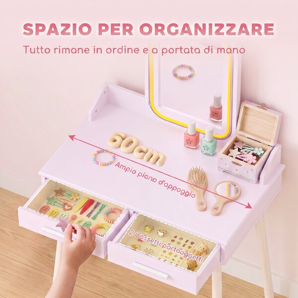 AIYAPLAY Set Toeletta Trucco Bambina con Sgabello, Specchio in Acrilico, LED a 3 Colori, 2 Cassetti, 3-8 Anni, Rosa | Aosom Italy